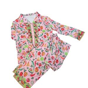 Women's Pajama Set Chips Salsa Guacamole Print Button Up Top Pants Pink L